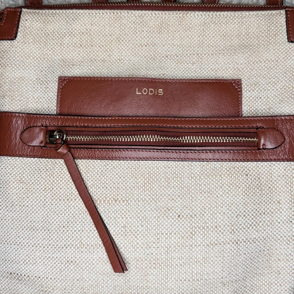 Lodis Pippa Backpack Cream Jute Cotton Tan Leather Trim Zip Top Bat